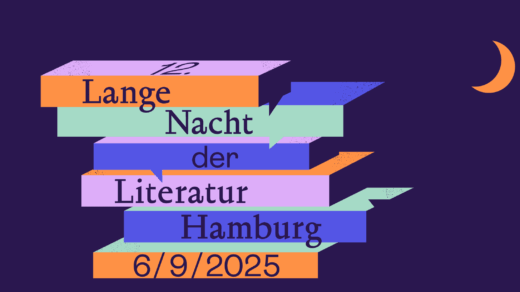 Illustration - Bücher auf denen jeweils ein Wort auf dem Buchrücken steht - Insgesamt: Lange Nacht der Literatur Hamburg 6/9/2025
