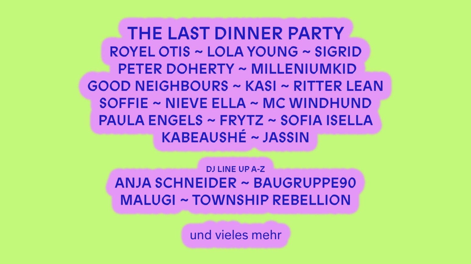 Gelber Hintergrund mit Lila Schrift zum Line Up vom MS DOCKVILLE 2025