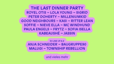 Gelber Hintergrund mit Lila Schrift zum Line Up vom MS DOCKVILLE 2025