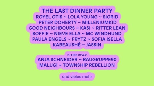 Gelber Hintergrund mit Lila Schrift zum Line Up vom MS DOCKVILLE 2025