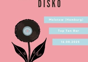 Illustration zur Kreuzgut Disko mit einer schwarzen Blume vor pinkem Hintergrund