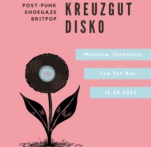 Illustration zur Kreuzgut Disko mit einer schwarzen Blume vor pinkem Hintergrund