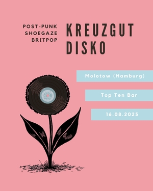 Illustration zur Kreuzgut Disko mit einer schwarzen Blume vor pinkem Hintergrund