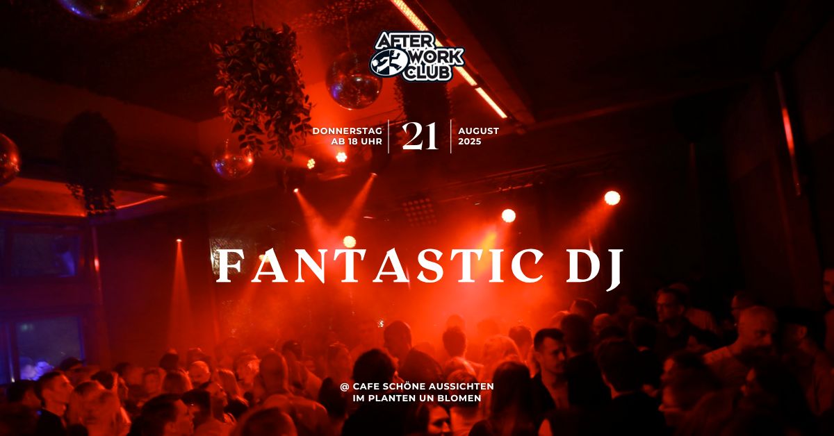 Leuchtschrift 'FANTASTIC DJ' über einer tanzenden Menschenmenge in einem Club mit roter Beleuchtung