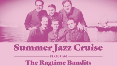 Illustration in lila mit einer Personengruppe zum Summer Jazz Cruise
