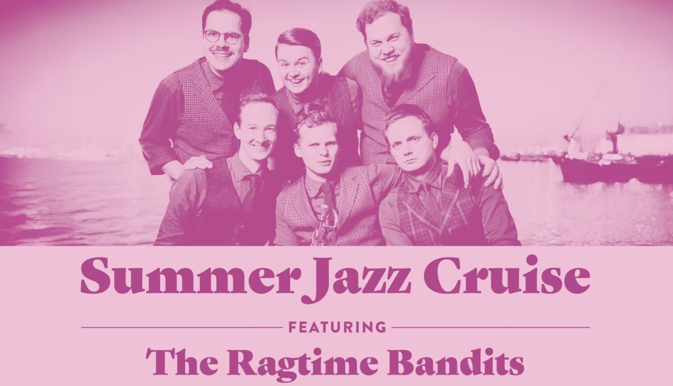 Illustration in lila mit einer Personengruppe zum Summer Jazz Cruise