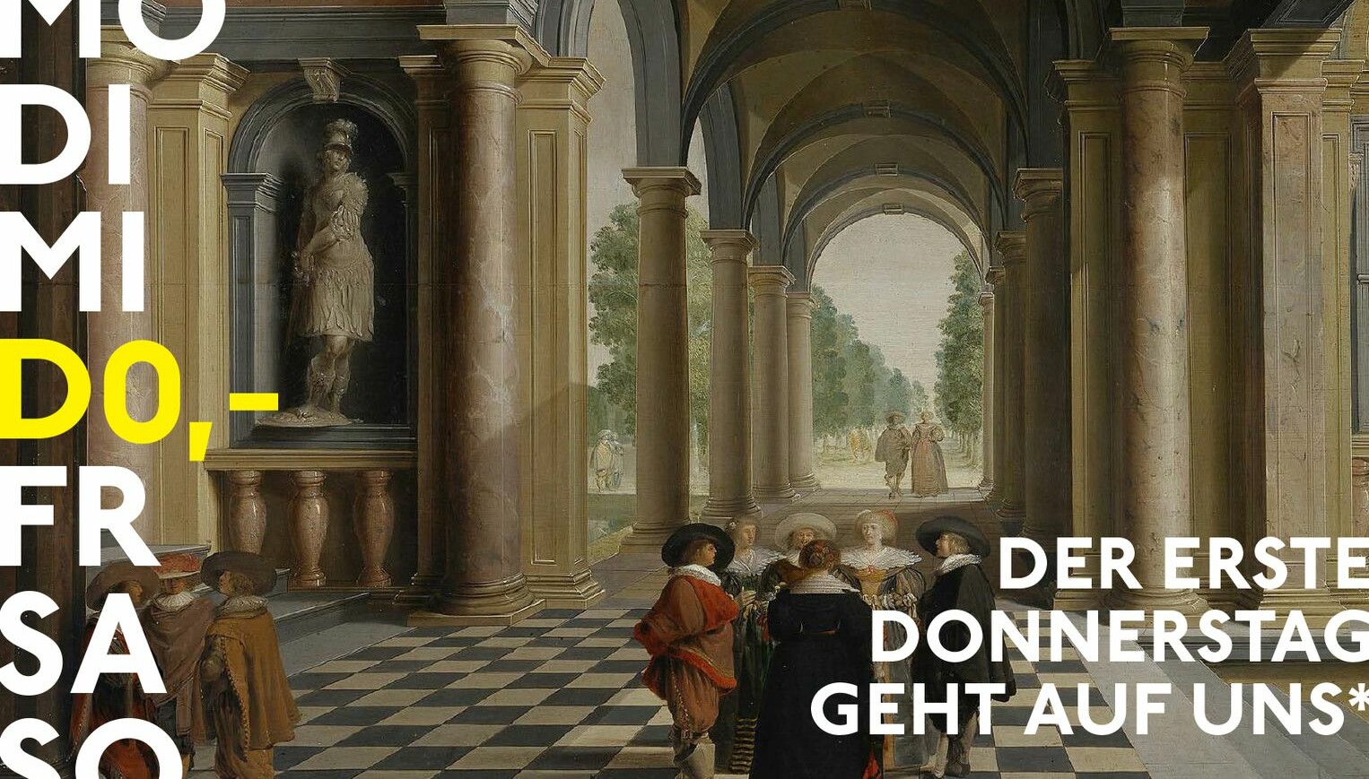 Illustration für den freien Donnerstag: Historische Szene mit Menschen in barocker Kleidung in einem Säulengang mit Schachbrettboden und Statue in einer Nische