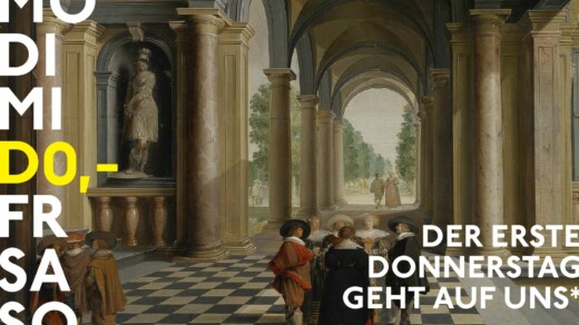 Illustration für den freien Donnerstag: Historische Szene mit Menschen in barocker Kleidung in einem Säulengang mit Schachbrettboden und Statue in einer Nische
