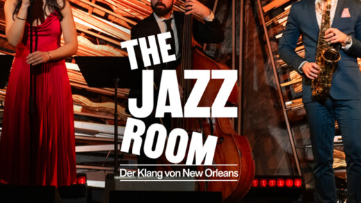 Illustration mit Personen auf einer Bühne zum THE JAZZ ROOM