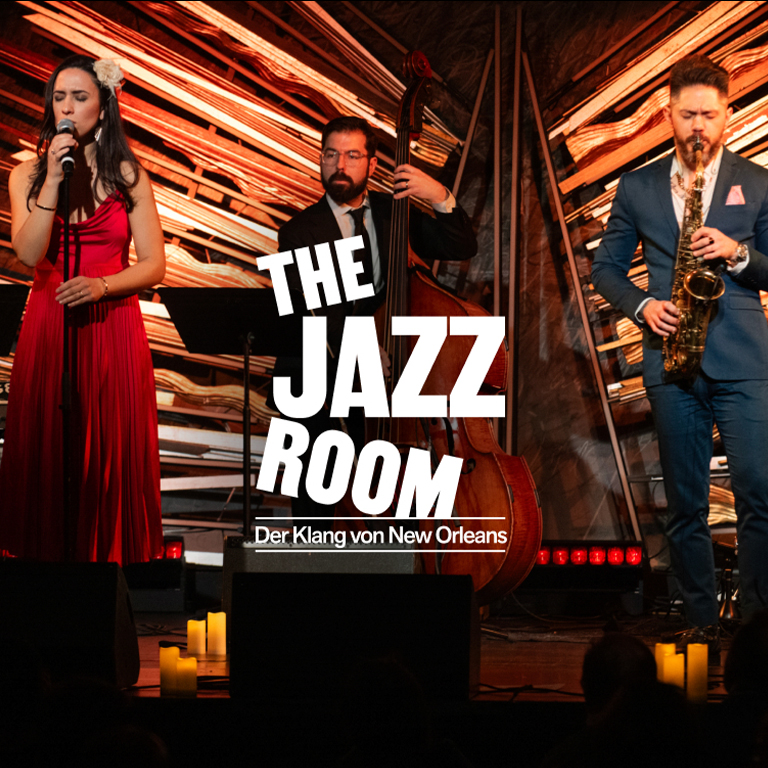 Illustration mit Personen auf einer Bühne zum THE JAZZ ROOM