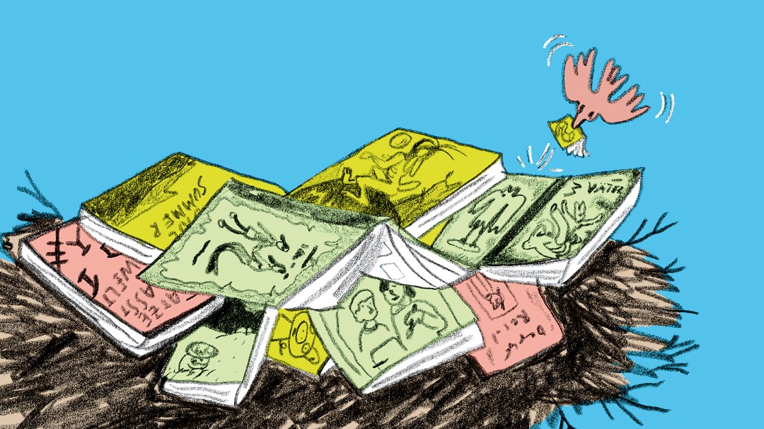 Illustration Bücher in einem Nest eines Vogels
