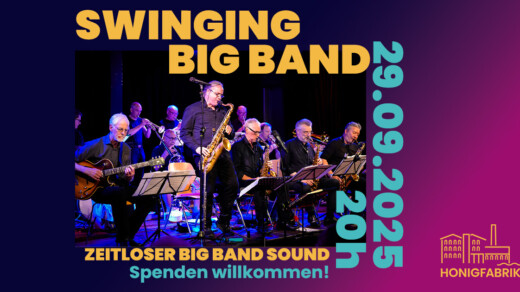 Acht Musiker einer Big Band spielen verschiedene Blasinstrumente und Gitarre auf einer Bühne