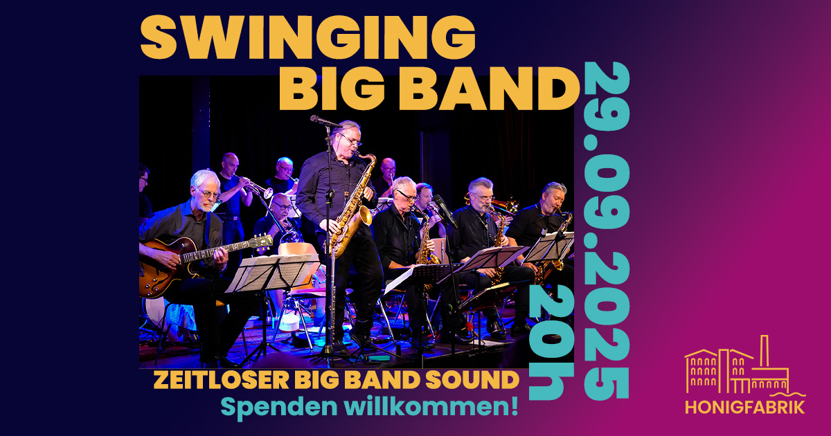 Acht Musiker einer Big Band spielen verschiedene Blasinstrumente und Gitarre auf einer Bühne