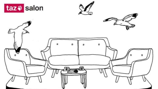 Zeichnung eines Sitzbereichs mit einem Sofa, zwei Sesseln und einem runden Tisch, darüber fliegen drei Möwen, links oben das Logo 'taz salon'.