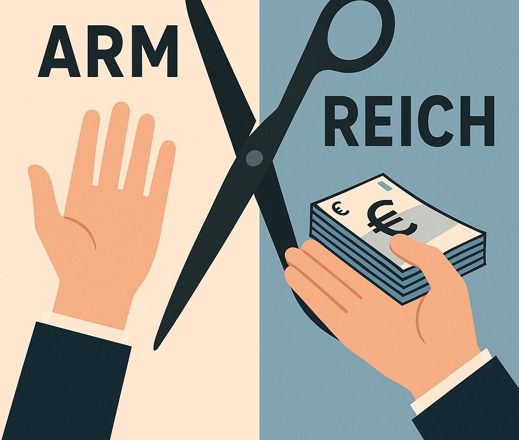 Grafik mit zwei Händen: links eine offene Hand, rechts eine Hand, die Geldscheine hält. In der Mitte eine Schere. Text: 'ARM' links und 'REICH' rechts.