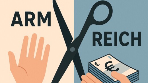 Grafik mit zwei Händen: links eine offene Hand, rechts eine Hand, die Geldscheine hält. In der Mitte eine Schere. Text: 'ARM' links und 'REICH' rechts.