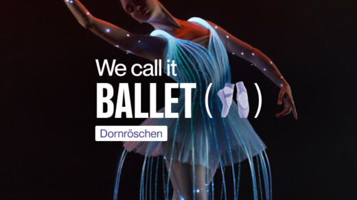 Ballettänzerin vor schwarzem Hintergrund - Schriftzug: We call it Ballet