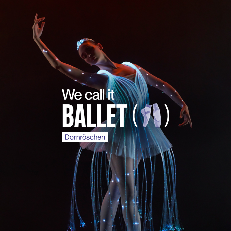 Ballettänzerin vor schwarzem Hintergrund - Schriftzug: We call it Ballet