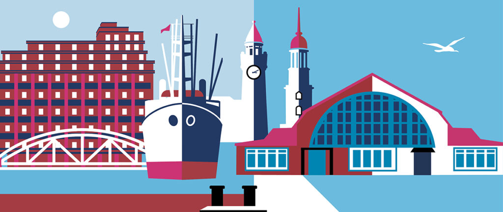 Illustration verschiedener Wahrzeichen Hamburgs