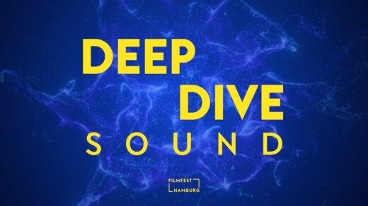 Gelber Text 'DEEP DIVE SOUND' auf blauem Hintergrund mit abstrakten, leuchtenden Linien, darunter 'FILMFEST HAMBURG'.