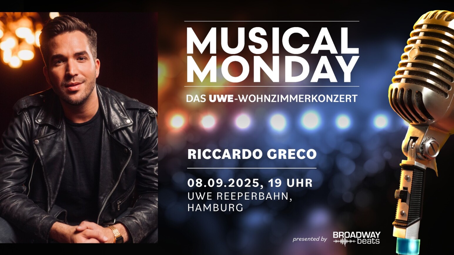 Plakat für 'Musical Monday' mit dem Titel, Datum und Uhrzeit. Text: 'RICCARDO GRECO 08.09.2025, 19 UHR UWE REEPERBAHN, HAMBURG'. Mikrofon-Symbol rechts.