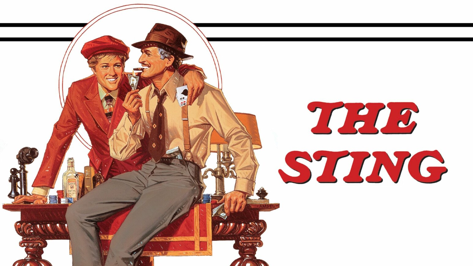 Illustration zwei Männer auf einer Bank - Schriftzug links: The Sting