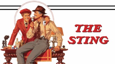 Illustration zwei Männer auf einer Bank - Schriftzug links: The Sting