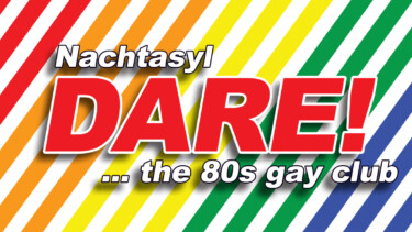 Bunte Regenbogenstreifen mit Text 'Nachtasy! DARE! ... the 80s gay club' und Musikgenres 'Pop & Wave · Italo-Disco · Dance Classics' sowie Datum und Uhrzeit.