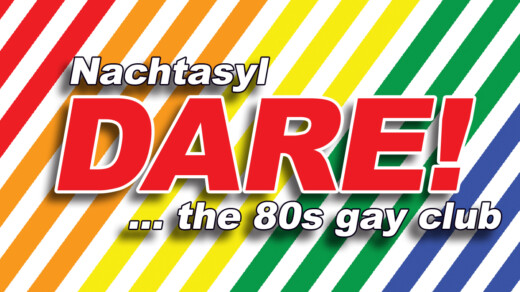 Bunte Regenbogenstreifen mit Text 'Nachtasy! DARE! ... the 80s gay club' und Musikgenres 'Pop & Wave · Italo-Disco · Dance Classics' sowie Datum und Uhrzeit.