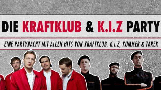 Schriftzug 'DIE KRAFTKLUB & K.I.Z PARTY' in Schwarz und Rot, darunter Text 'EINE PARTYNACHT MIT ALLEN HITS VON KRAFTKLUB, K.I.Z, KUMMER & TAREK' auf grauem Hintergrund mit Betonstruktur.