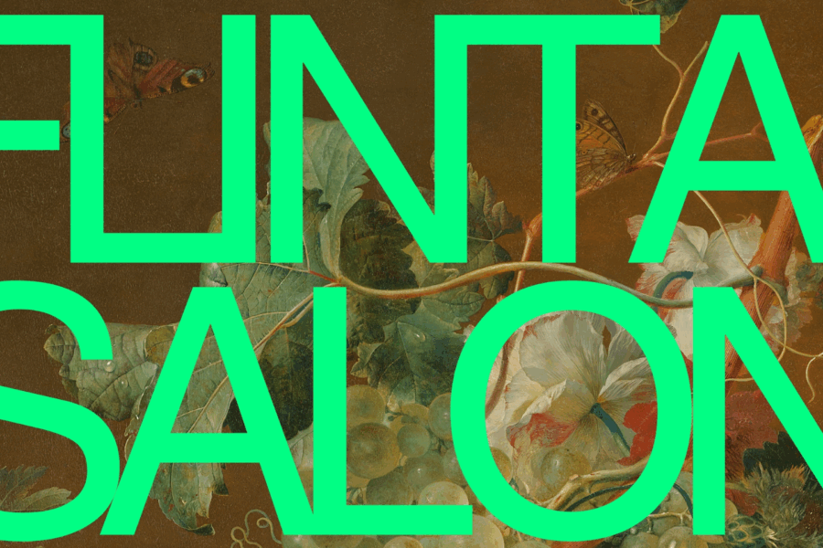 Großer grüner Text 'FLNTA* SALON' über einem Gemälde mit Trauben, Blättern und Blumen.