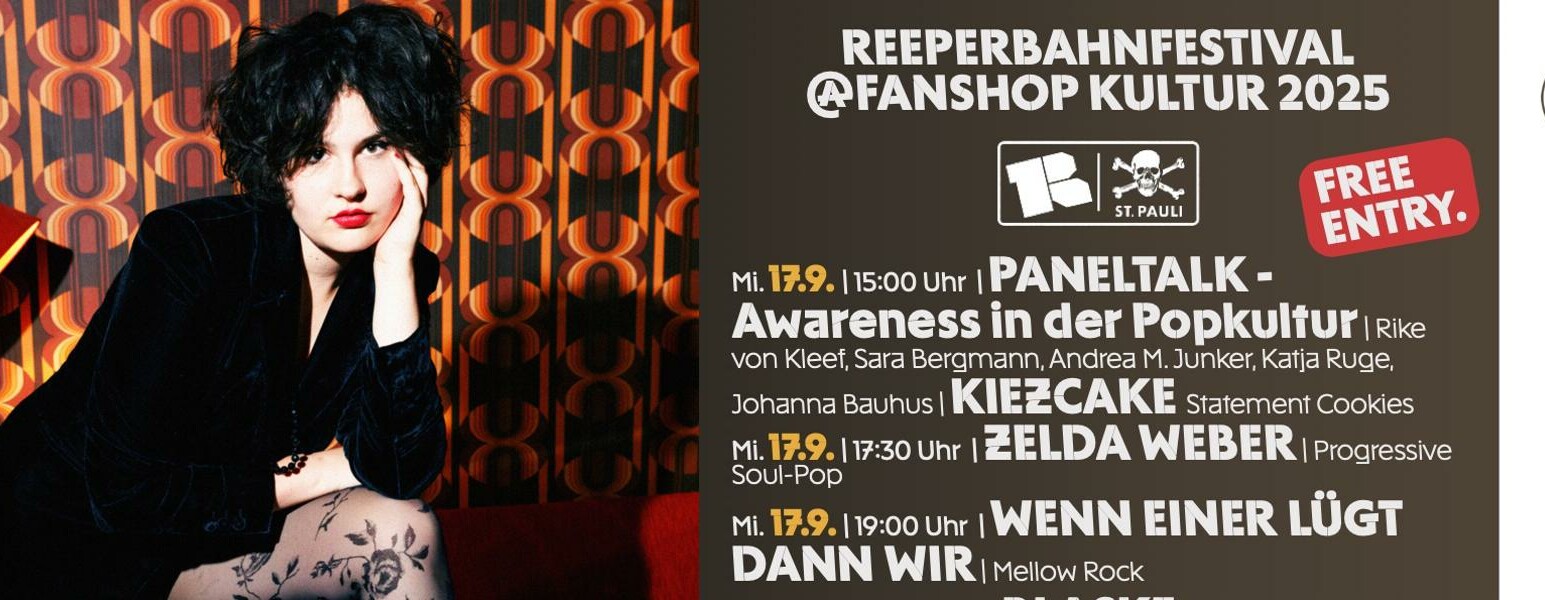 Illustration rechts Reeperbahnfestival Programm und links Person vor einer Wand sitzend