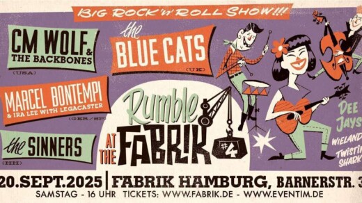 Illustration vom Rumble at the Fabrik mit Figuren mit Instrumenten