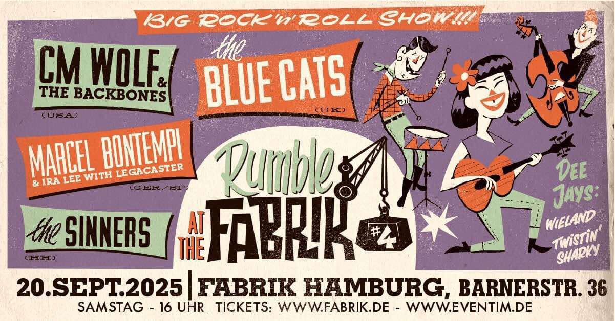 Illustration vom Rumble at the Fabrik mit Figuren mit Instrumenten