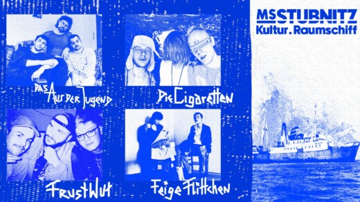 Vier Fotos mit Gruppen von Menschen, darunter Text mit den Worten 'MS STURNITZ Kultur. Raumschiff', 'PASA Außer Jugend', 'Die Cigaretten', 'Frust Wut' und 'Feige Flittchen'.