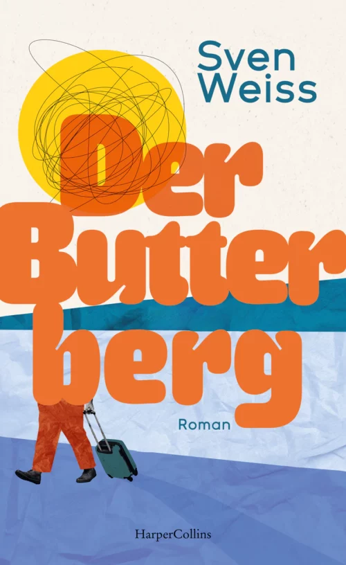 Illustration des Buchcovers: Oben steht der Name des Autors, darunter erstreckt sich der Buchtitel über drei Zeilen. Im unteren Teil ist eine gezeichnete Figur ab der Hüfte abwärts zu sehen, die einen kleinen Koffer hinter sich herzieht.