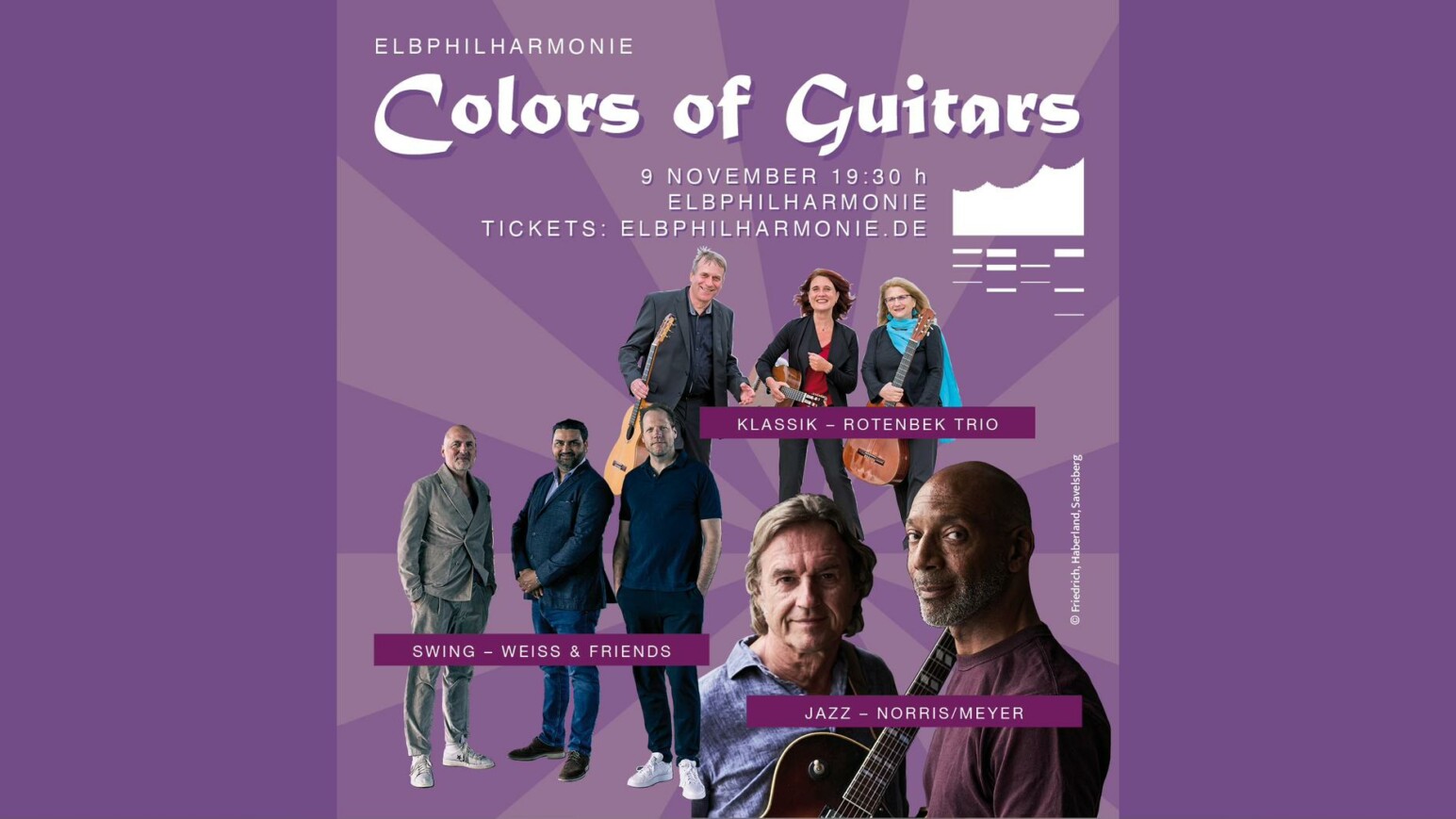 Lila Illustration zum Colors of Guitars mit verschiedenen Portraits