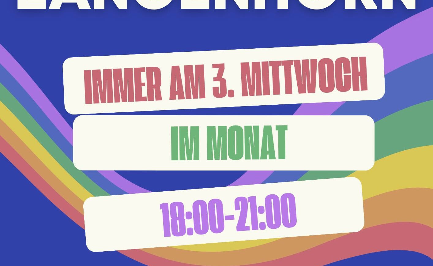Bunte Grafik zum Queer Stammtisch mit Regenbogenbögen