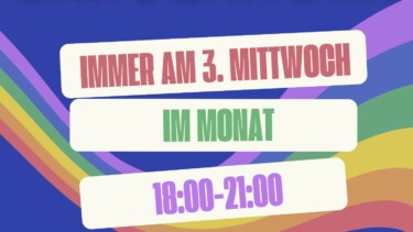 Bunte Grafik zum Queer Stammtisch mit Regenbogenbögen