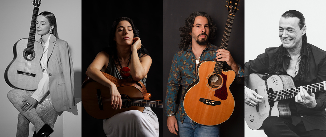 Vier Personen mit Akustikgitarren in verschiedenen Posen vor dunklem Hintergrund, jeweils mit unterschiedlicher Kleidung und Frisur.