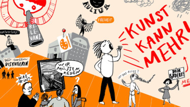 Illustration mit Figuren, Sprechblasen und Texten wie 'Kunst kann mehr!', 'Wir müssen reden', 'Ich fordere!'. Figuren stehen auf oranger Bodenfläche vor grauem Hintergrund.