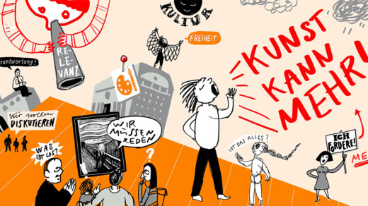 Illustration mit Figuren, Sprechblasen und Texten wie 'Kunst kann mehr!', 'Wir müssen reden', 'Ich fordere!'. Figuren stehen auf oranger Bodenfläche vor grauem Hintergrund.