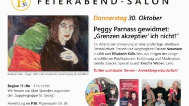 Gemälde einer Frau mit grünem Mantel, die eine weiße Tasse hält, daneben Text zu einer Veranstaltung am Donnerstag, 30. Oktober, mit dem Titel 'Grenzen akzeptier' ich nicht!' im Feierabend-Salon.