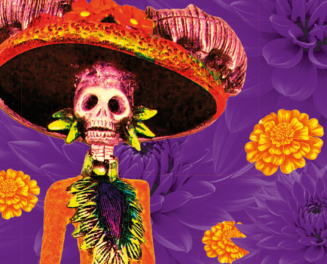 Illustration ein Skelett in orange verzierter Kleidung mit einem großen Hut