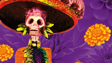 Illustration ein Skelett in orange verzierter Kleidung mit einem großen Hut