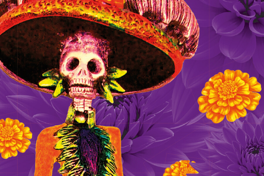 Illustration ein Skelett in orange verzierter Kleidung mit einem großen Hut