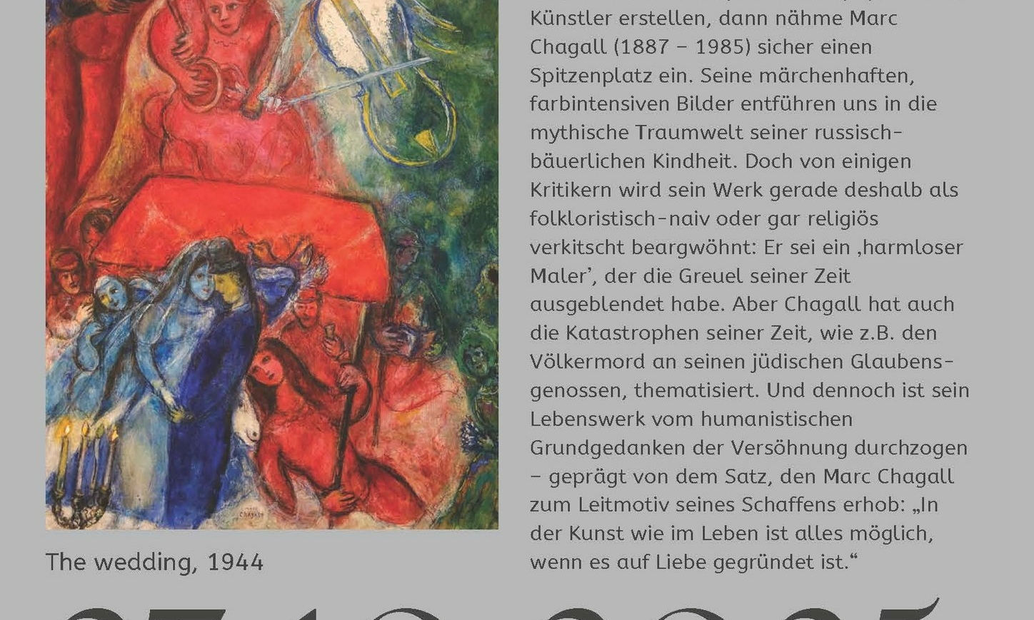 Farbenfrohes Gemälde mit mehreren Figuren, darunter eine sitzende Person in Blau und eine stehende Person in Rot, umgeben von abstrakten Formen.