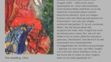 Farbenfrohes Gemälde mit mehreren Figuren, darunter eine sitzende Person in Blau und eine stehende Person in Rot, umgeben von abstrakten Formen.