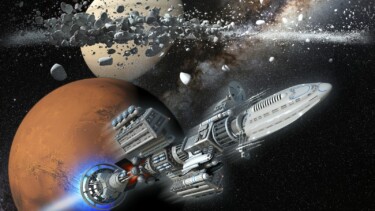 Illustration Planeten im Weltall und ein Raumschiff