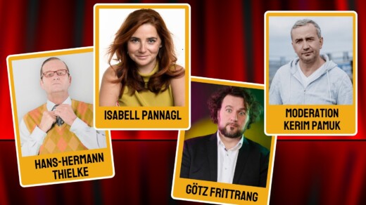 Illustration mit vier Portraits von Personen der Comedynacht